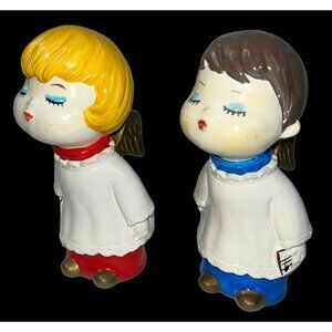 1960s Kitchy Boy Girl Kissing Angels Hand Painted Japan Christmas In Box Ceramic